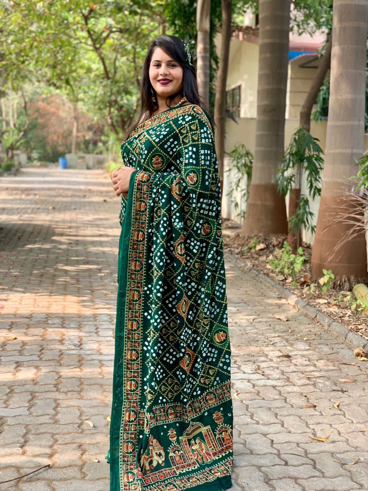 Beautiful Designer Tulshi Ajrakh Lagdi Patta Pure Gajji Soft Silk Saree