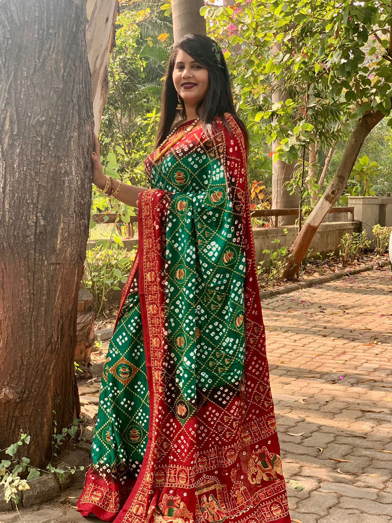 Beautiful Designer Tulshi Ajrakh Lagdi Patta Pure Gajji Soft Silk Saree