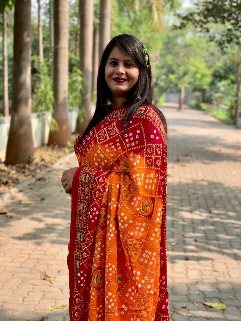 Beautiful Designer Tulshi Ajrakh Lagdi Patta Pure Gajji Soft Silk Saree