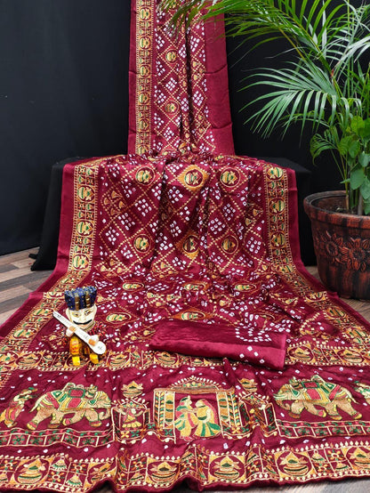 Beautiful Designer Tulshi Ajrakh Lagdi Patta Pure Gajji Soft Silk Saree