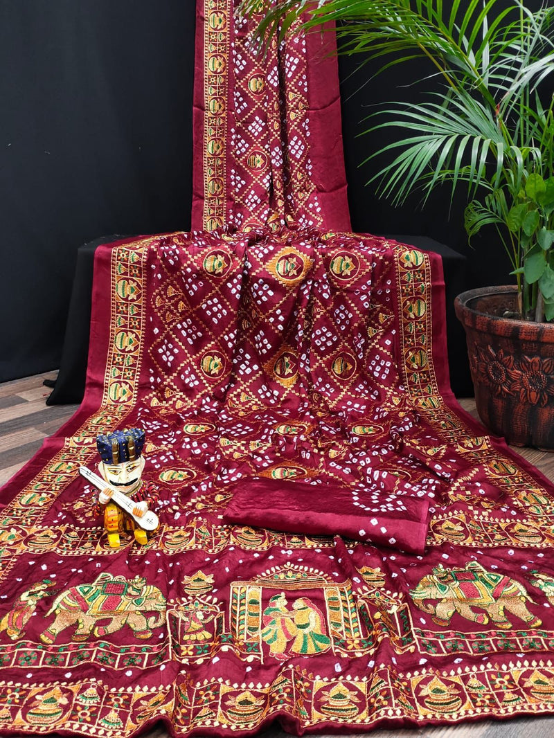 Beautiful Designer Tulshi Ajrakh Lagdi Patta Pure Gajji Soft Silk Saree