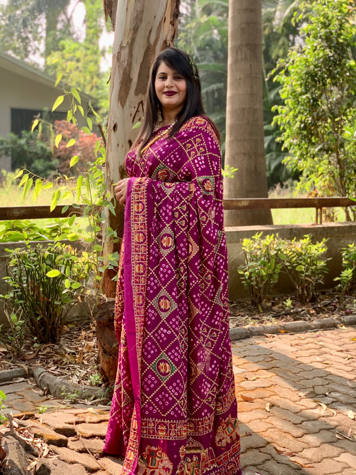 Beautiful Designer Tulshi Ajrakh Lagdi Patta Pure Gajji Soft Silk Saree