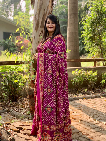Beautiful Designer Tulshi Ajrakh Lagdi Patta Pure Gajji Soft Silk Saree