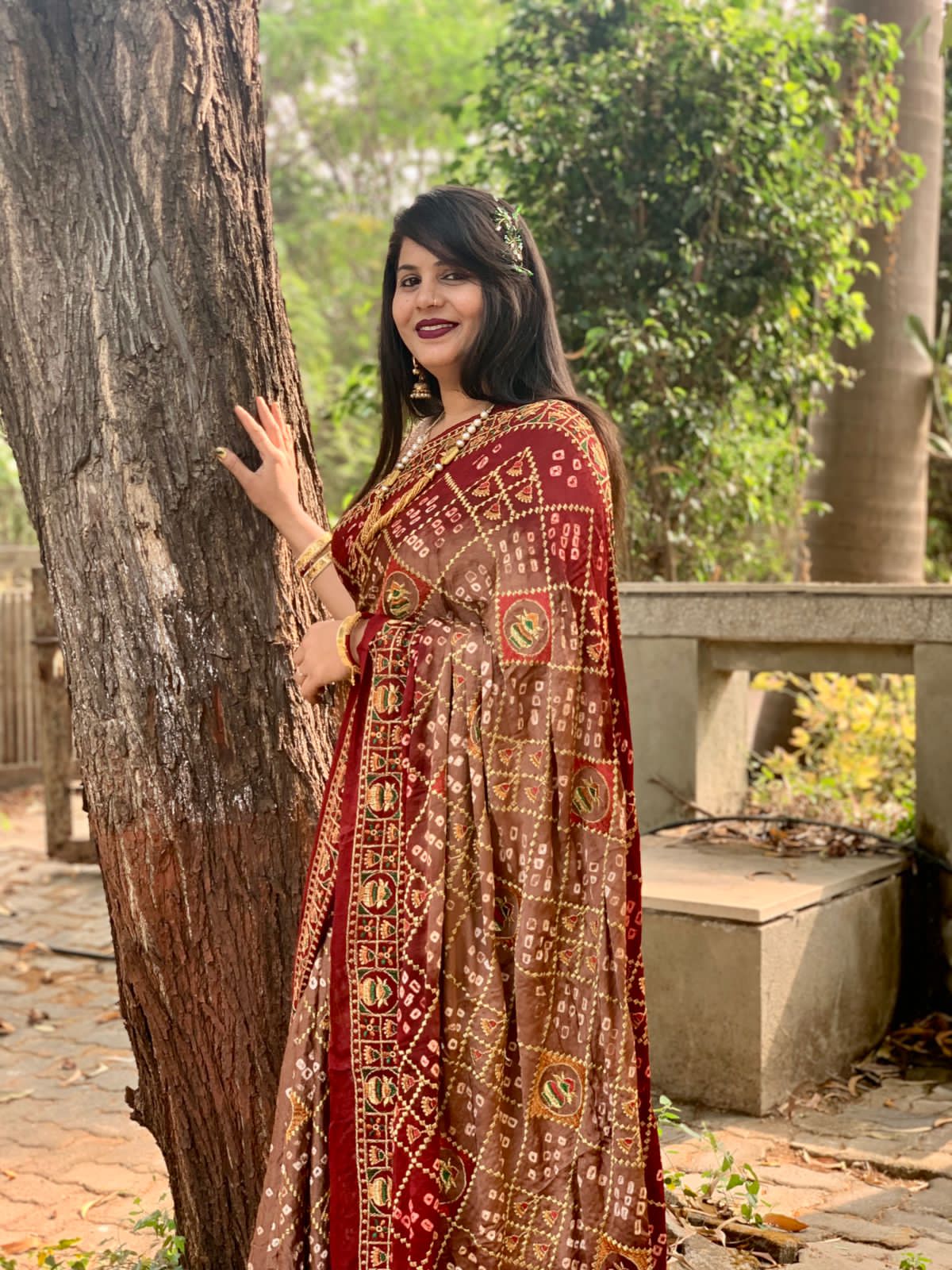 Beautiful Designer Tulshi Ajrakh Lagdi Patta Pure Gajji Soft Silk Saree