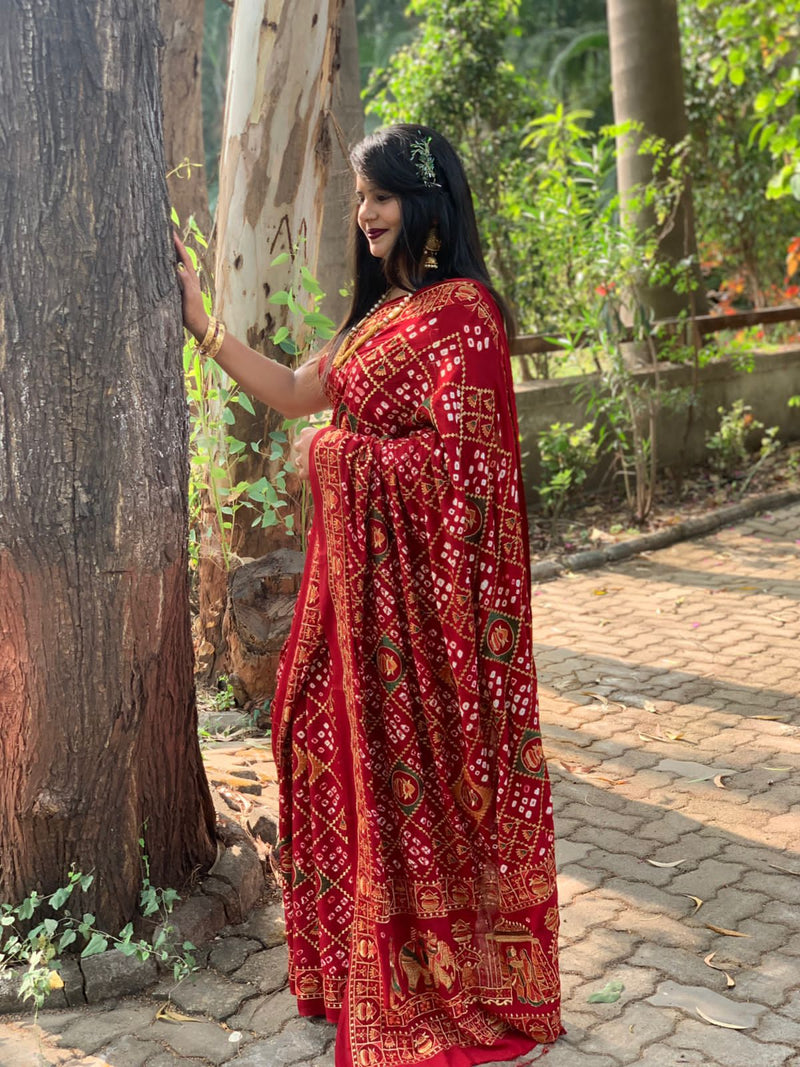 Beautiful Designer Tulshi Ajrakh Lagdi Patta Pure Gajji Soft Silk Saree