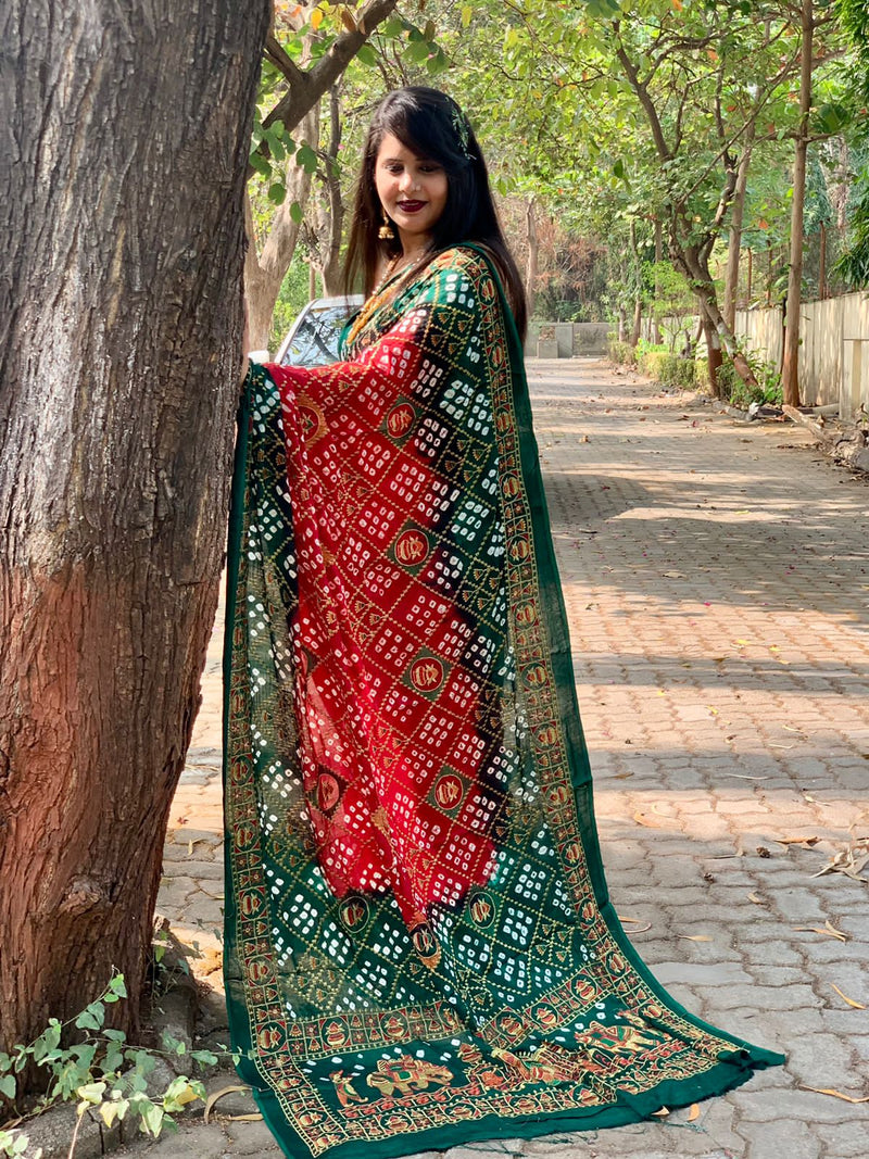 Beautiful Designer Tulshi Ajrakh Lagdi Patta Pure Gajji Soft Silk Saree