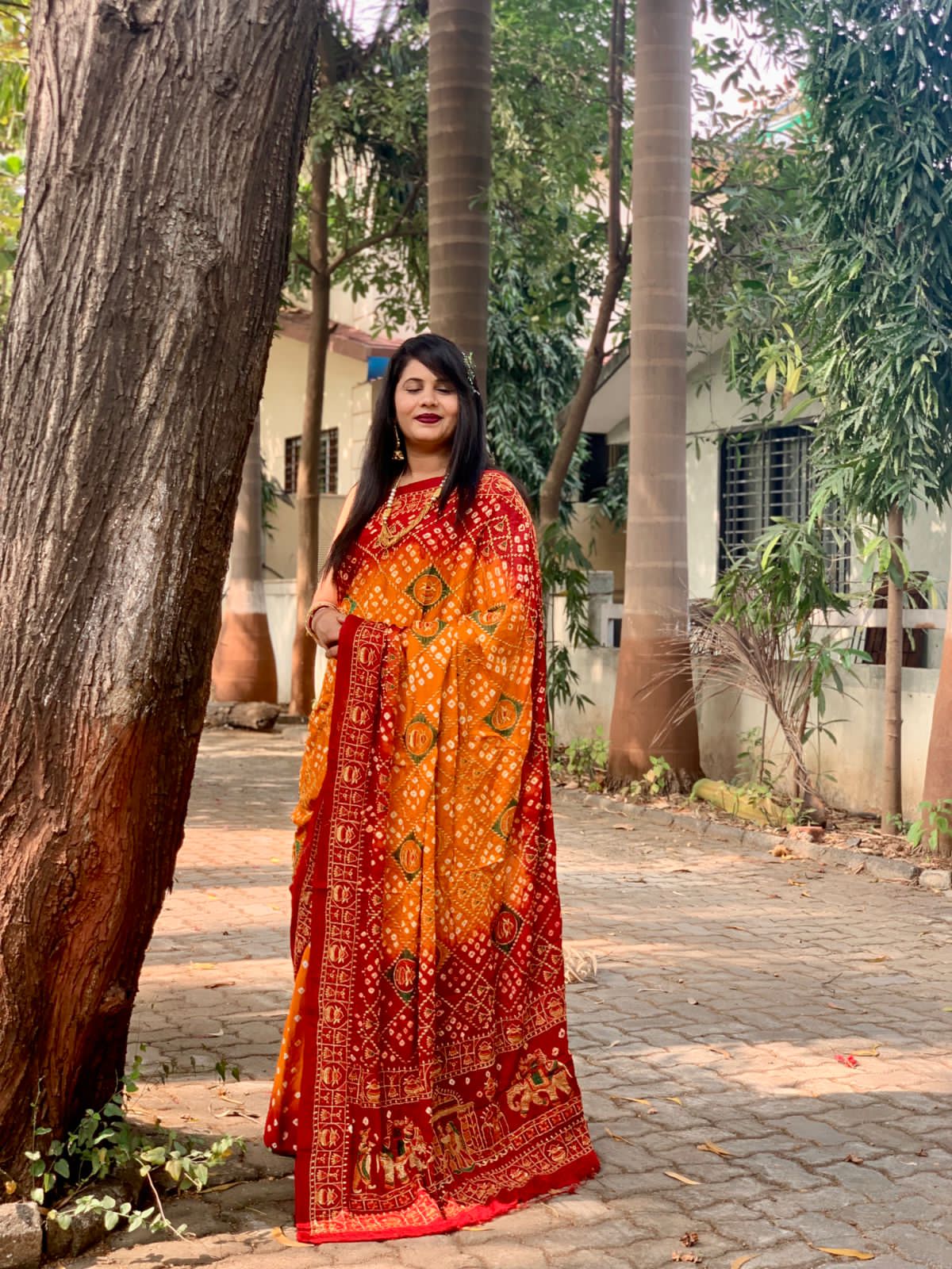 Beautiful Designer Tulshi Ajrakh Lagdi Patta Pure Gajji Soft Silk Saree