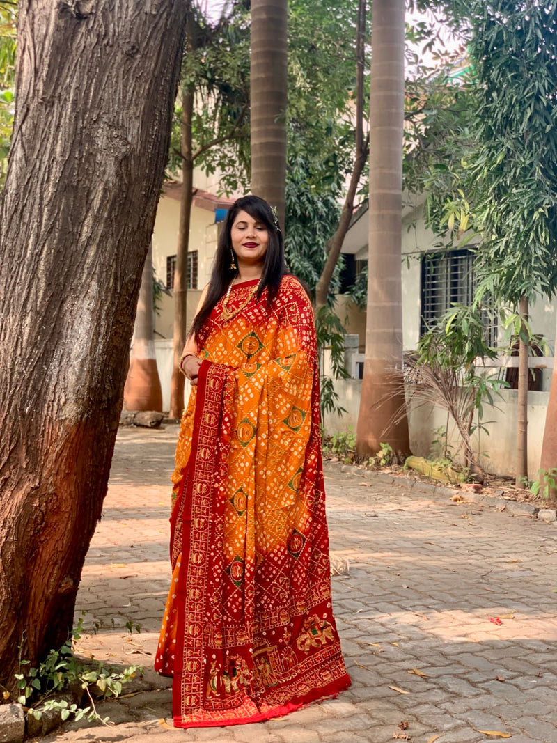 Beautiful Designer Tulshi Ajrakh Lagdi Patta Pure Gajji Soft Silk Saree