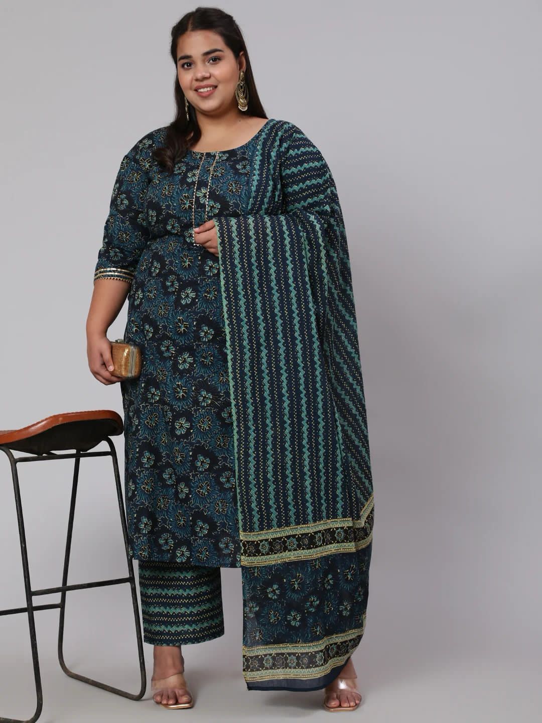 Beautiful Designer Plus Size Jaipuri Kurta Palazzo Dupatta Set