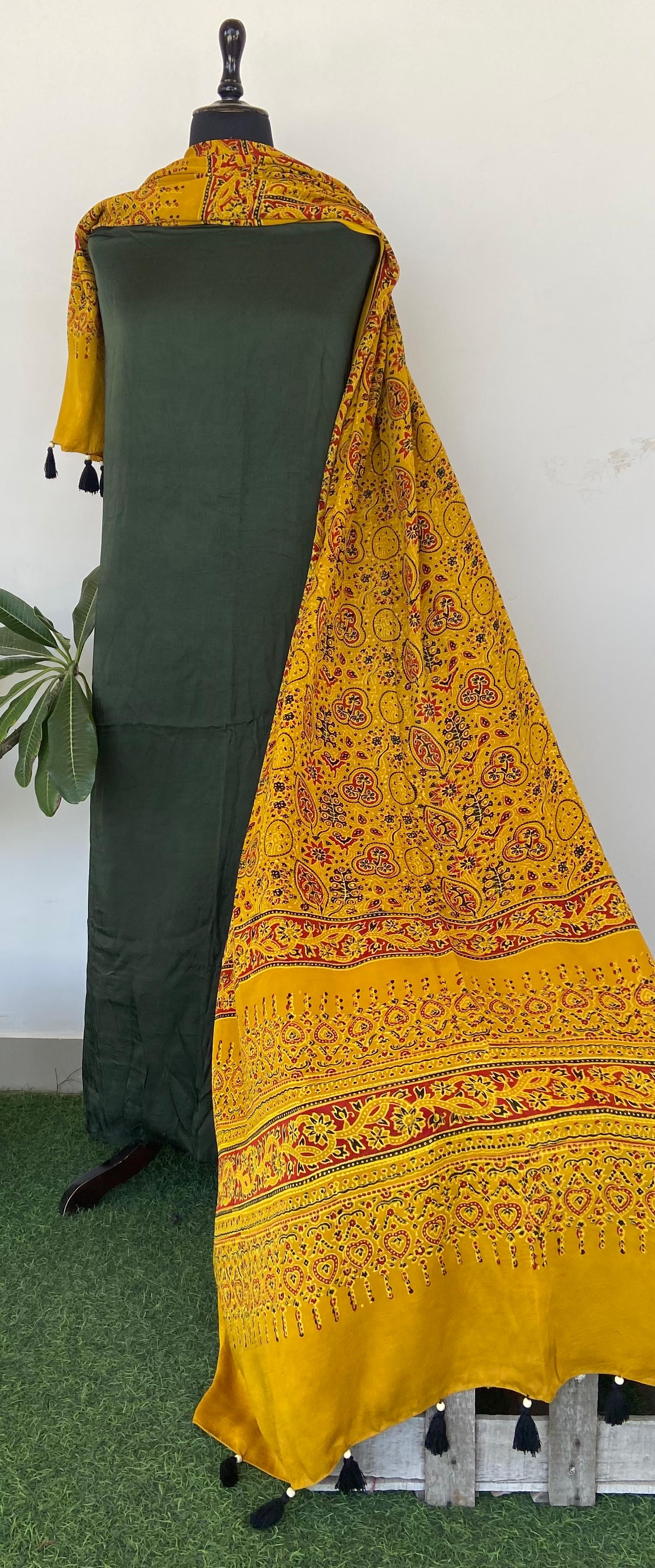 Beautiful Plain Top with Ajrakh Print Dupptta Salwar Suit