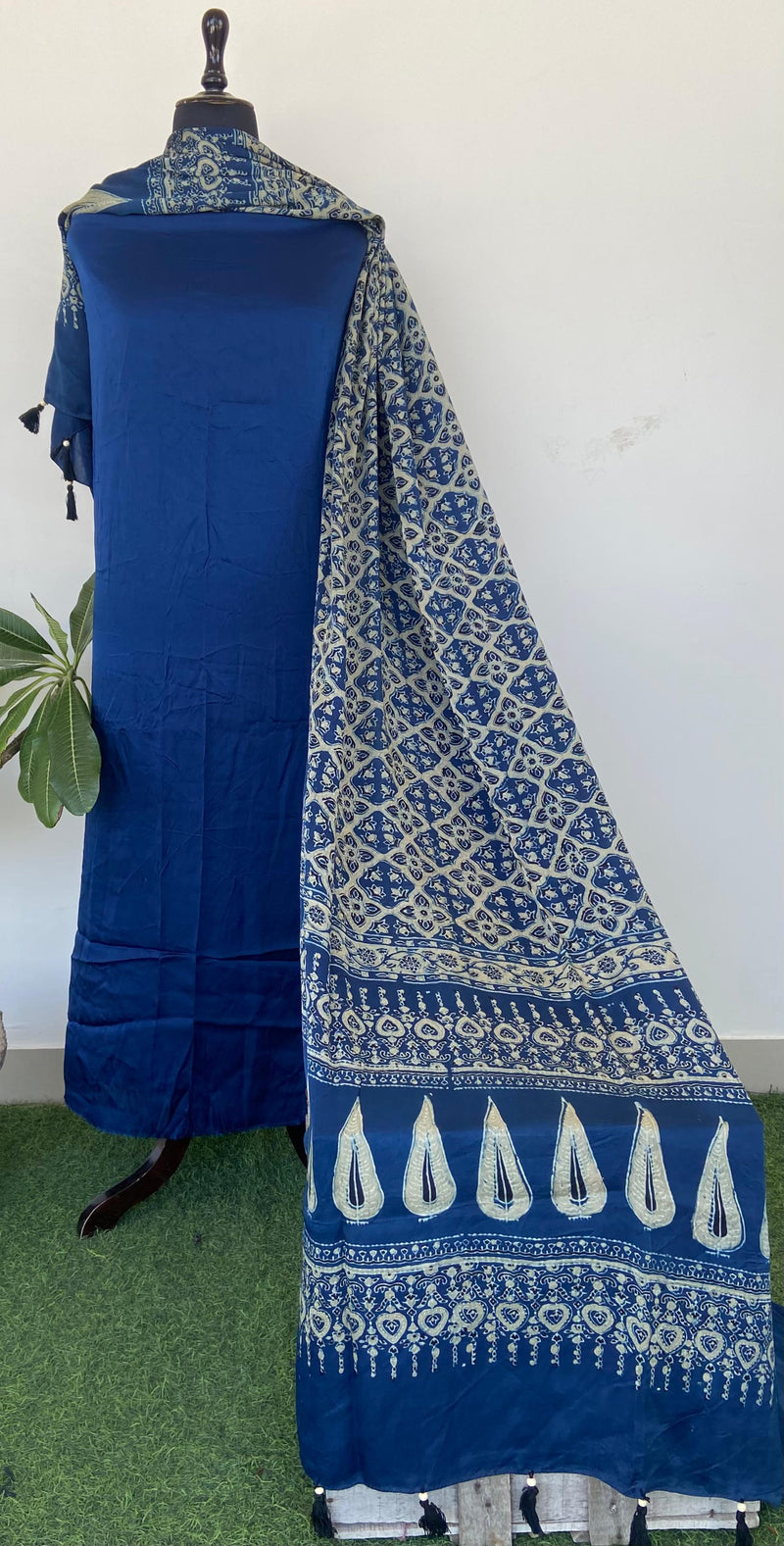 Beautiful Plain Top with Ajrakh Print Dupptta Salwar Suit