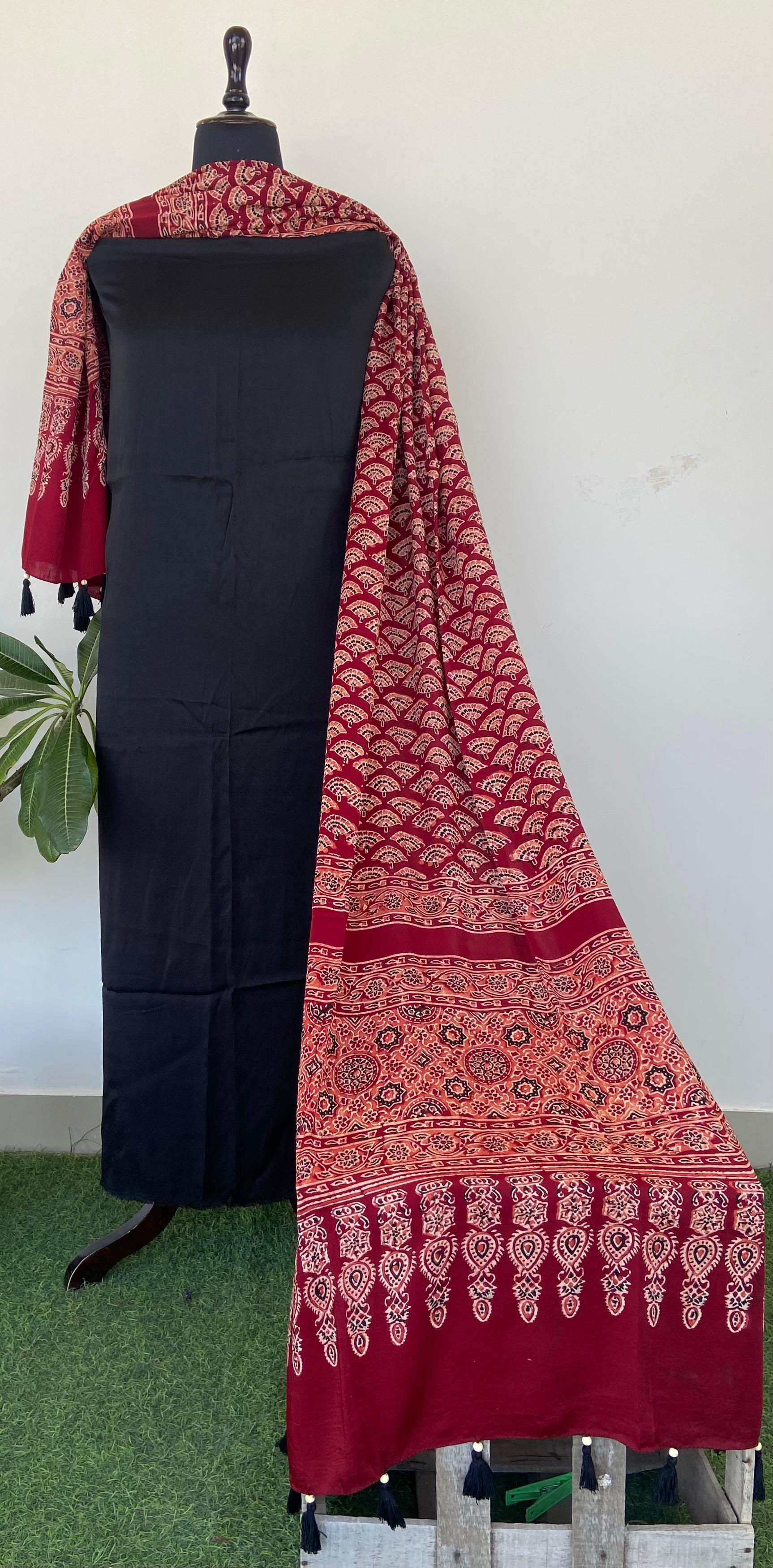 Beautiful Plain Top with Ajrakh Print Dupptta Salwar Suit