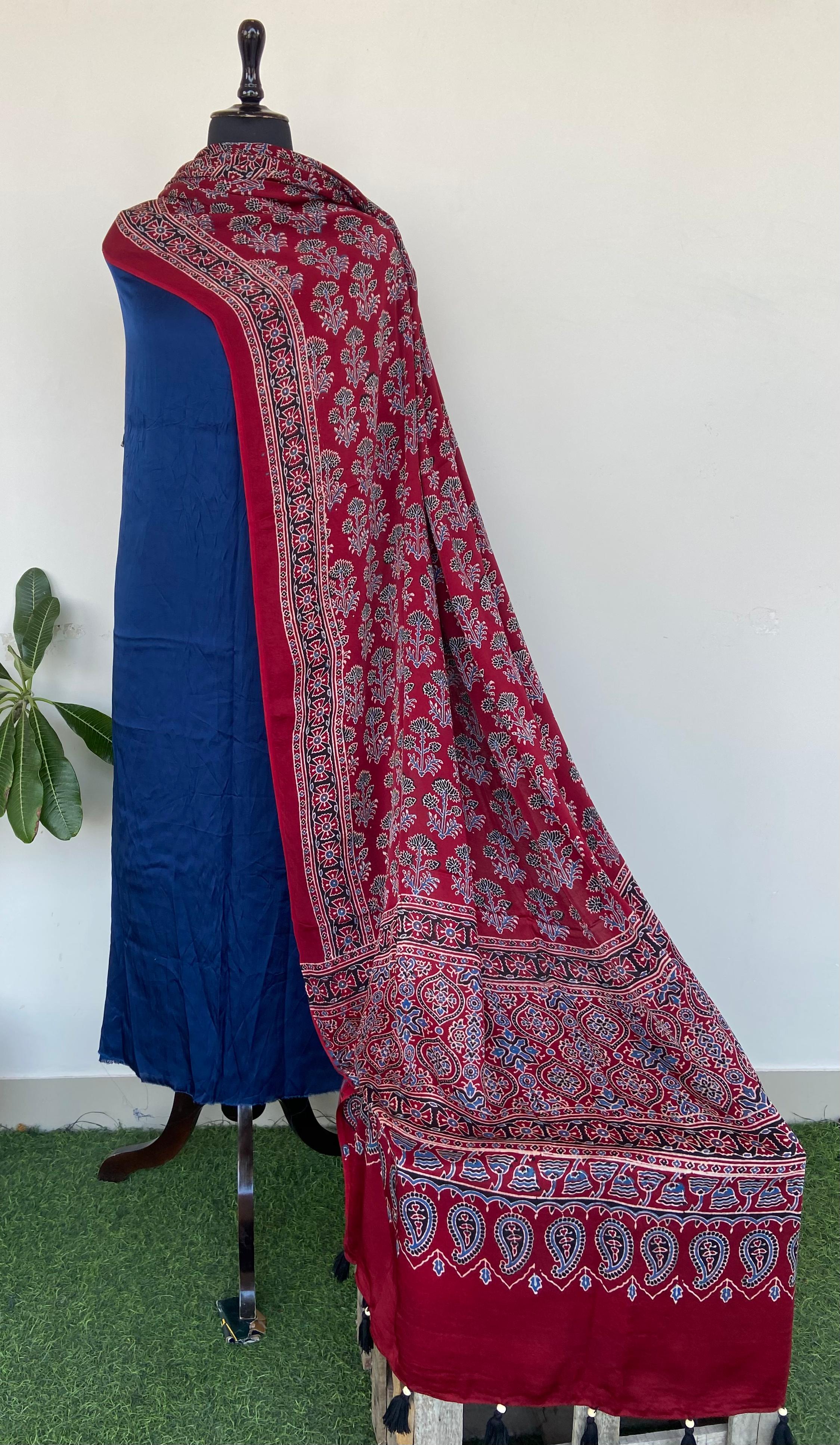 Beautiful Plain Top with Ajrakh Print Dupptta Salwar Suit