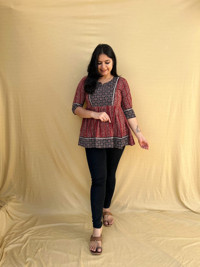 Beautiful Designer Ajrakh Handblock Frock style Short Top