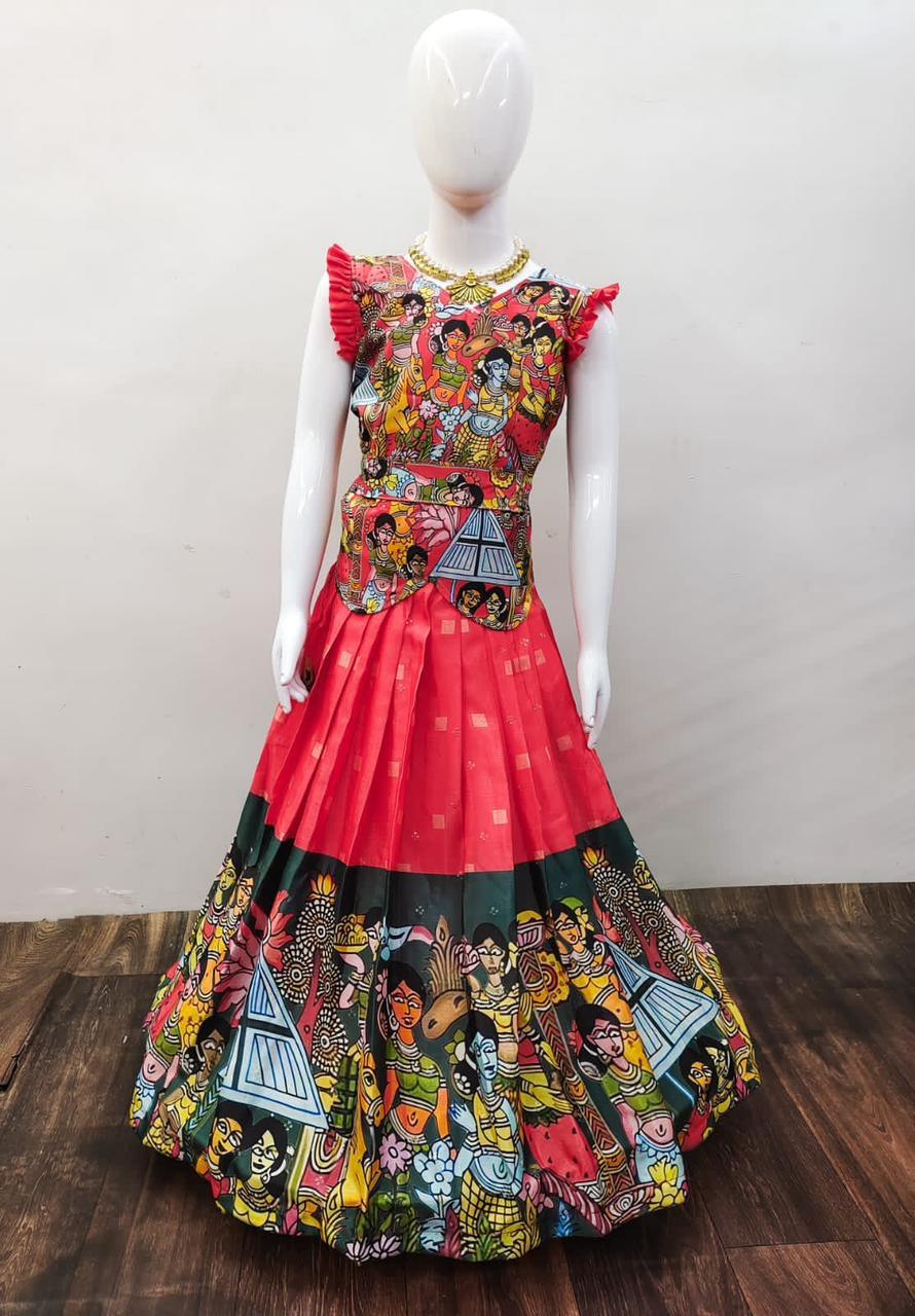 Beautifully Stitched Kalamkari Printed Sequins Kids Dress