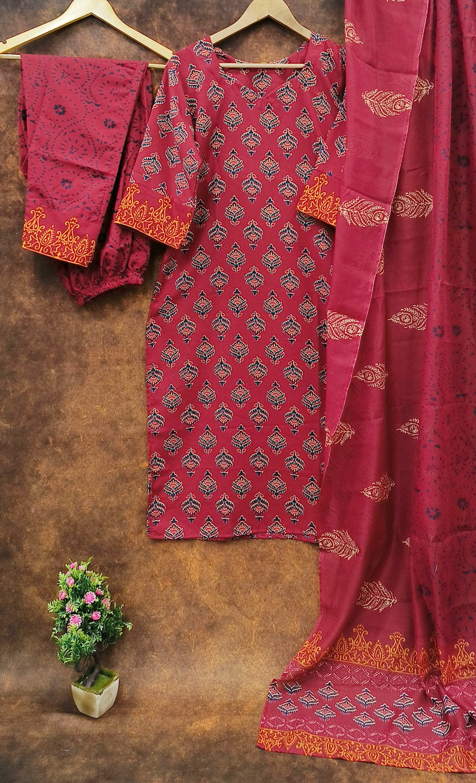 Beautiful Women's Berry Maroon Kurti Pant with Dupatta Set