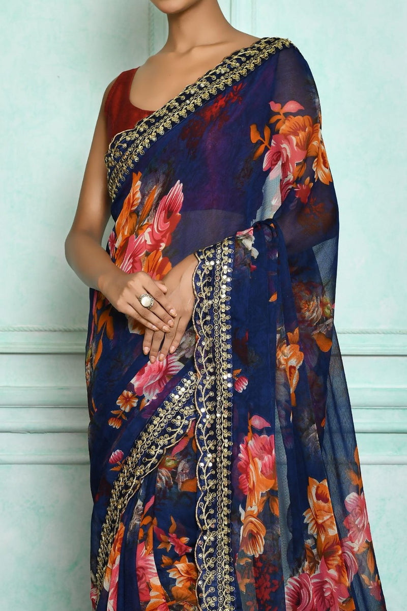 Beautiful Designer Georgette Chiffon Flower Print Saree