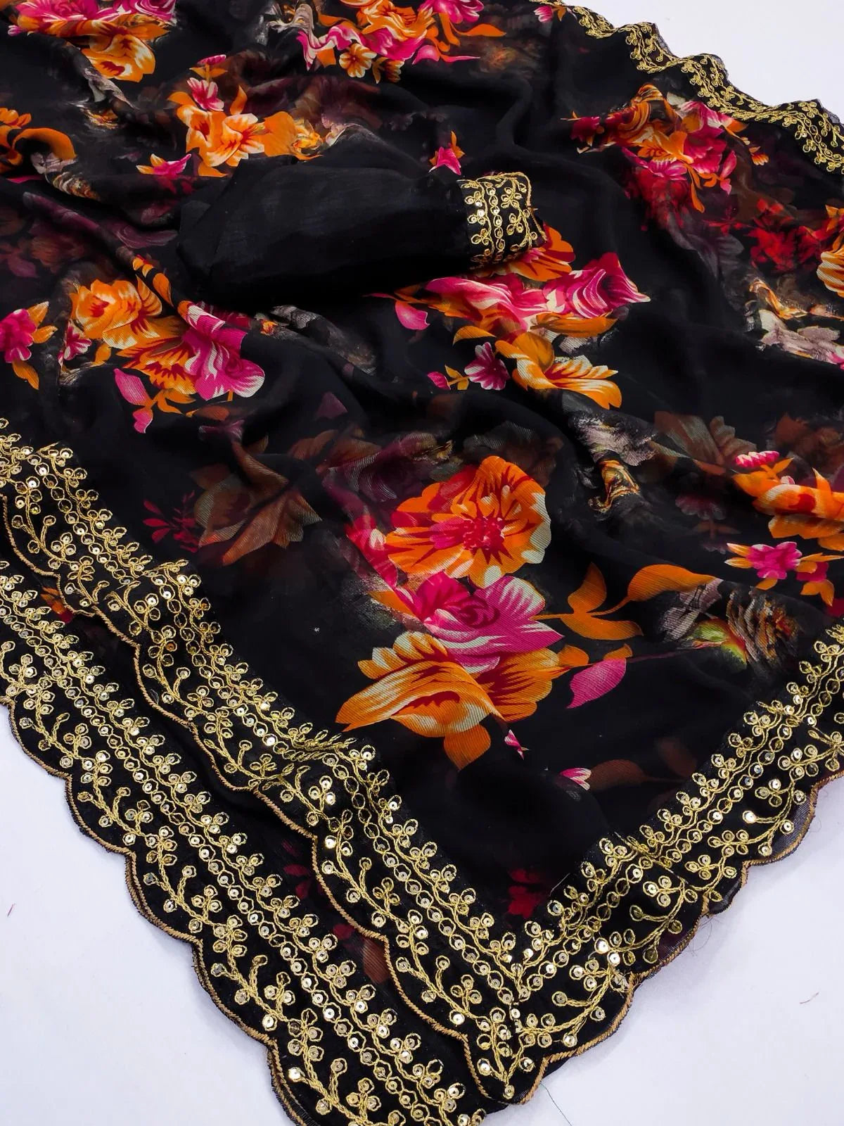 Beautiful Designer Georgette Chiffon Flower Print Saree