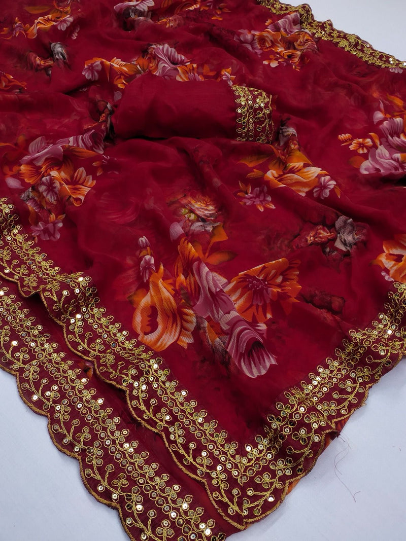 Beautiful Designer Georgette Chiffon Flower Print Saree