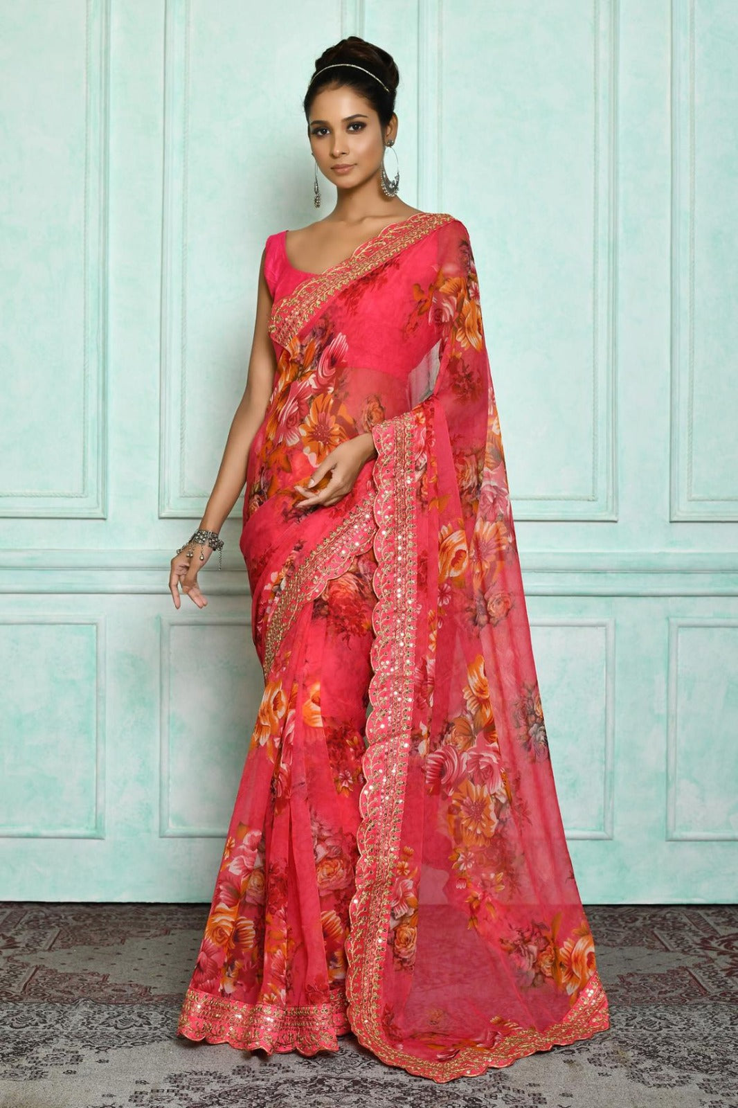 Beautiful Designer Georgette Chiffon Flower Print Saree