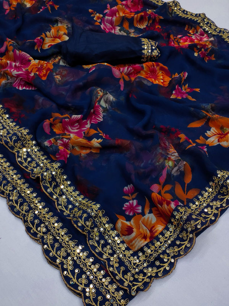 Beautiful Designer Georgette Chiffon Flower Print Saree