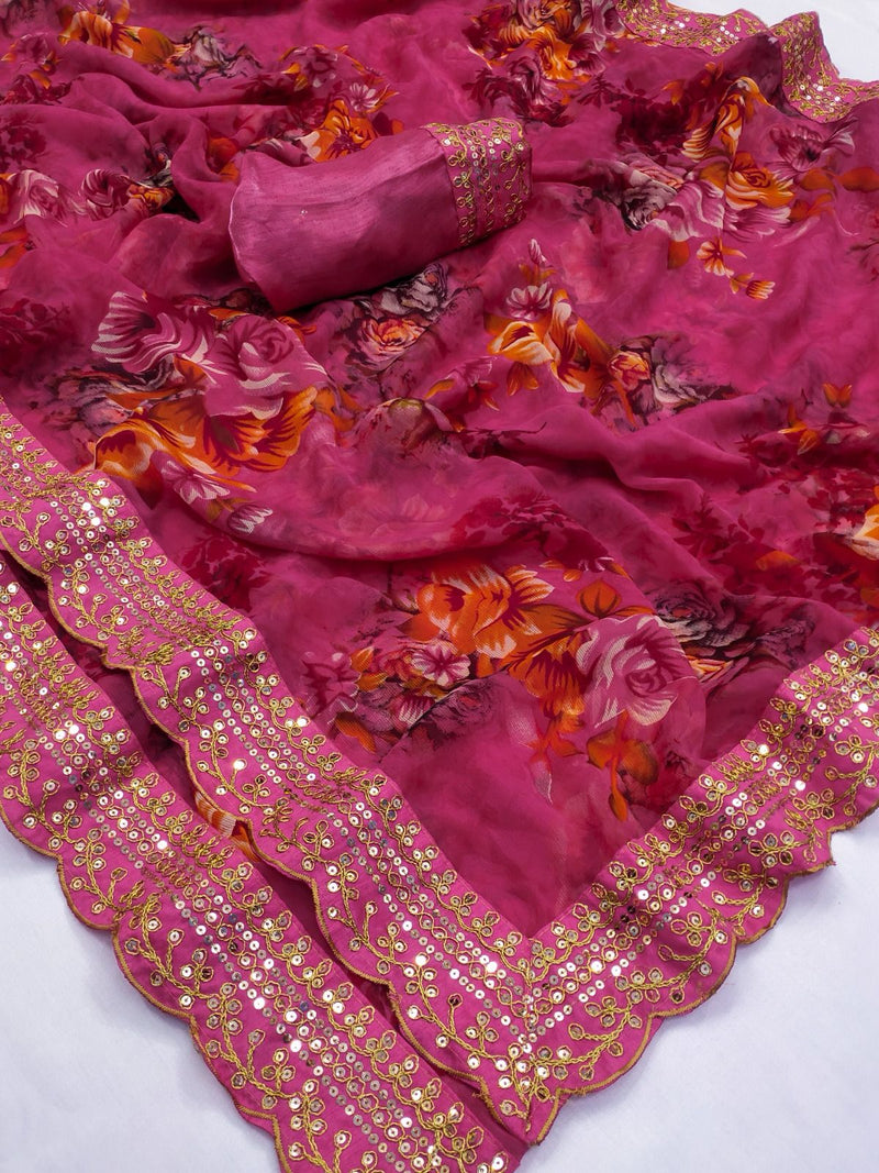 Beautiful Designer Georgette Chiffon Flower Print Saree