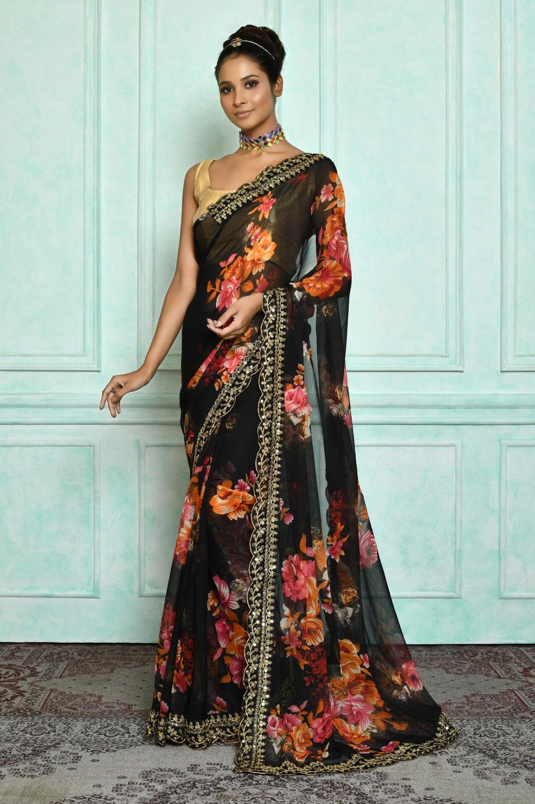 Beautiful Designer Georgette Chiffon Flower Print Saree