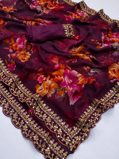 Beautiful Designer Georgette Chiffon Flower Print Saree