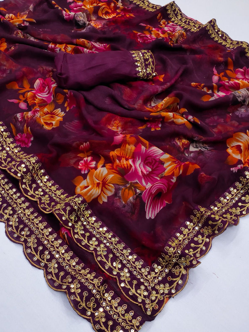 Beautiful Designer Georgette Chiffon Flower Print Saree