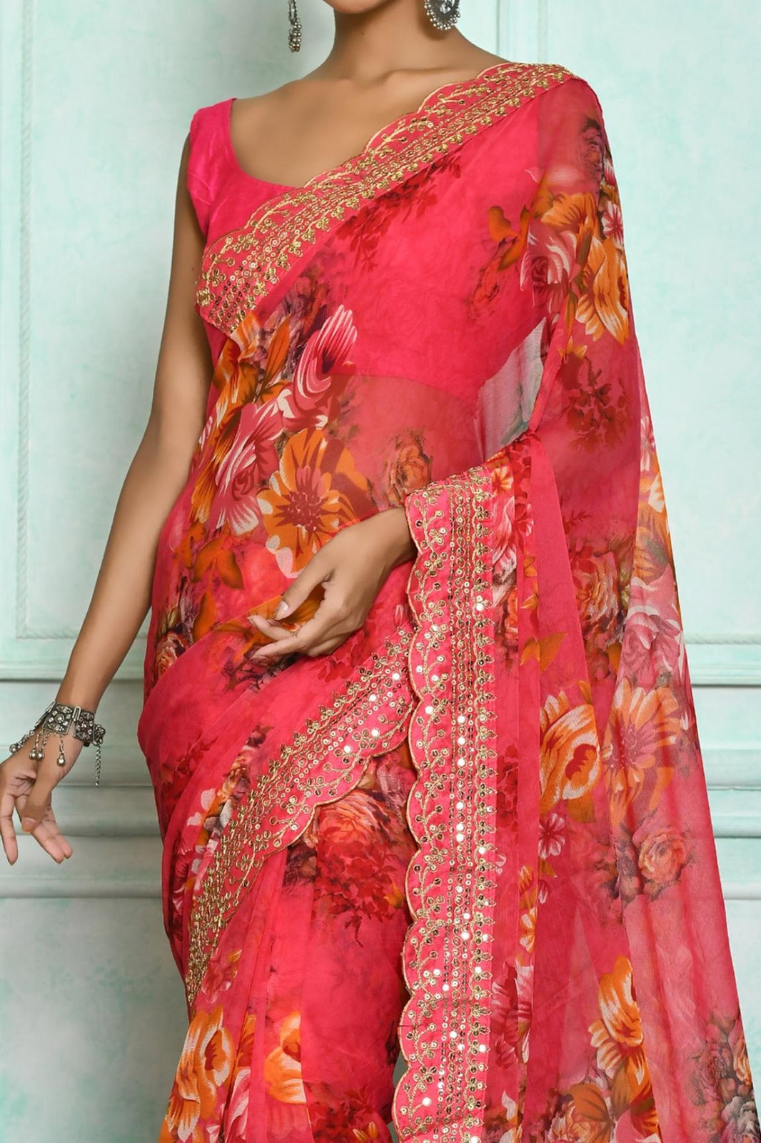 Beautiful Designer Georgette Chiffon Flower Print Saree