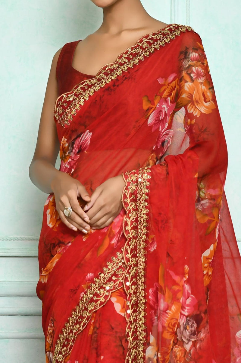 Beautiful Designer Georgette Chiffon Flower Print Saree