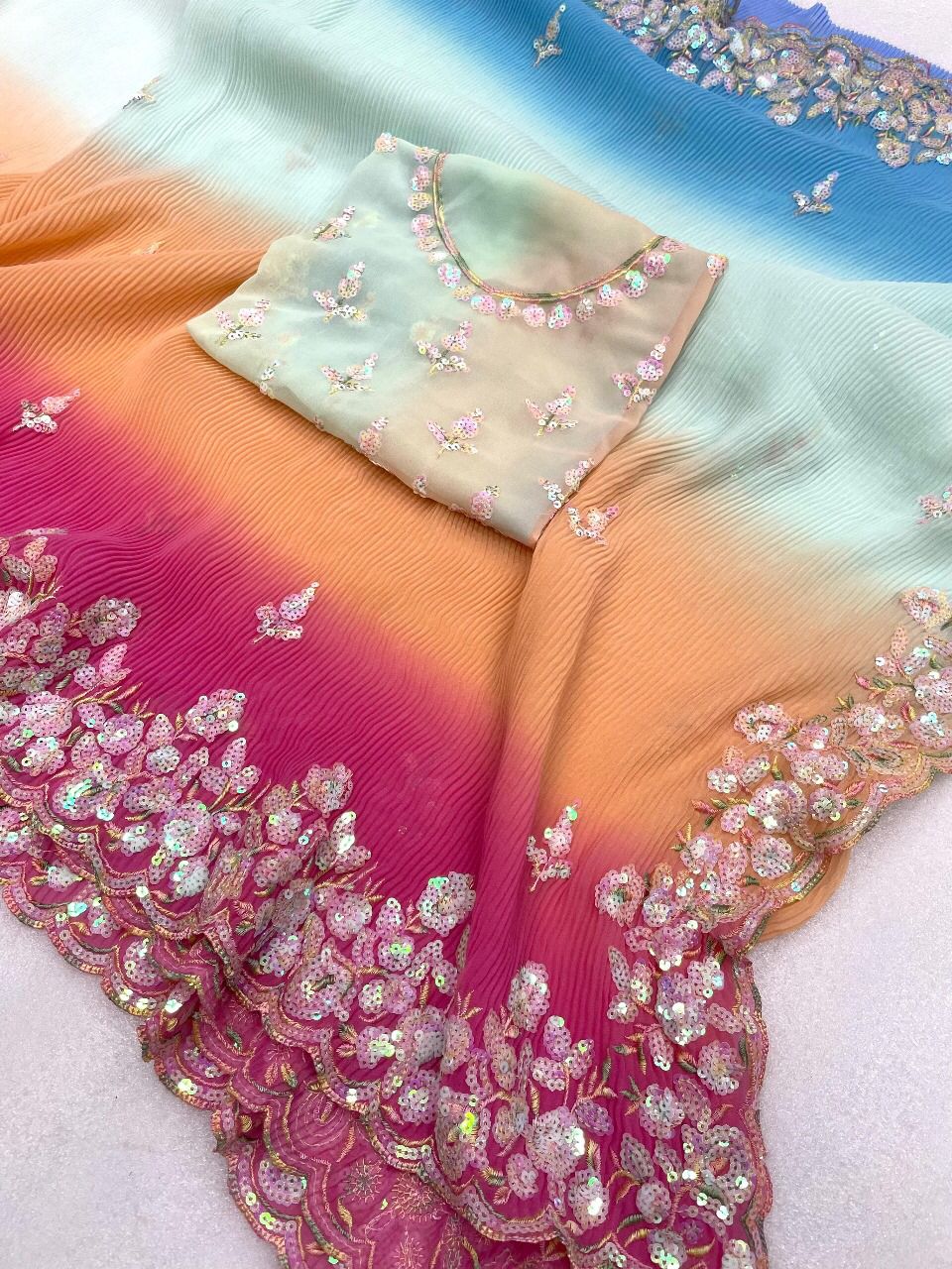 Beautiful Designer Soft Crush Multi Color Georgette Saree