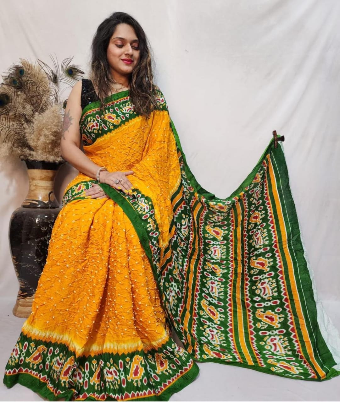 Beautiful Designer Gajji Silk Ajrakh Bandhej Lagdi Pallu Saree