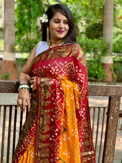 Beautiful Designer Pure Bandhej Panetar Ghantdi Work Saree