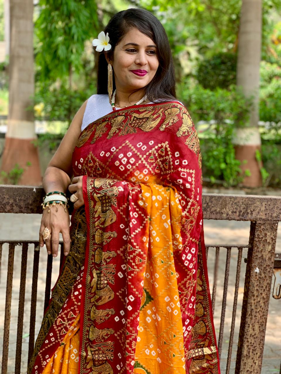 Beautiful Designer Pure Bandhej Panetar Ghantdi Work Saree