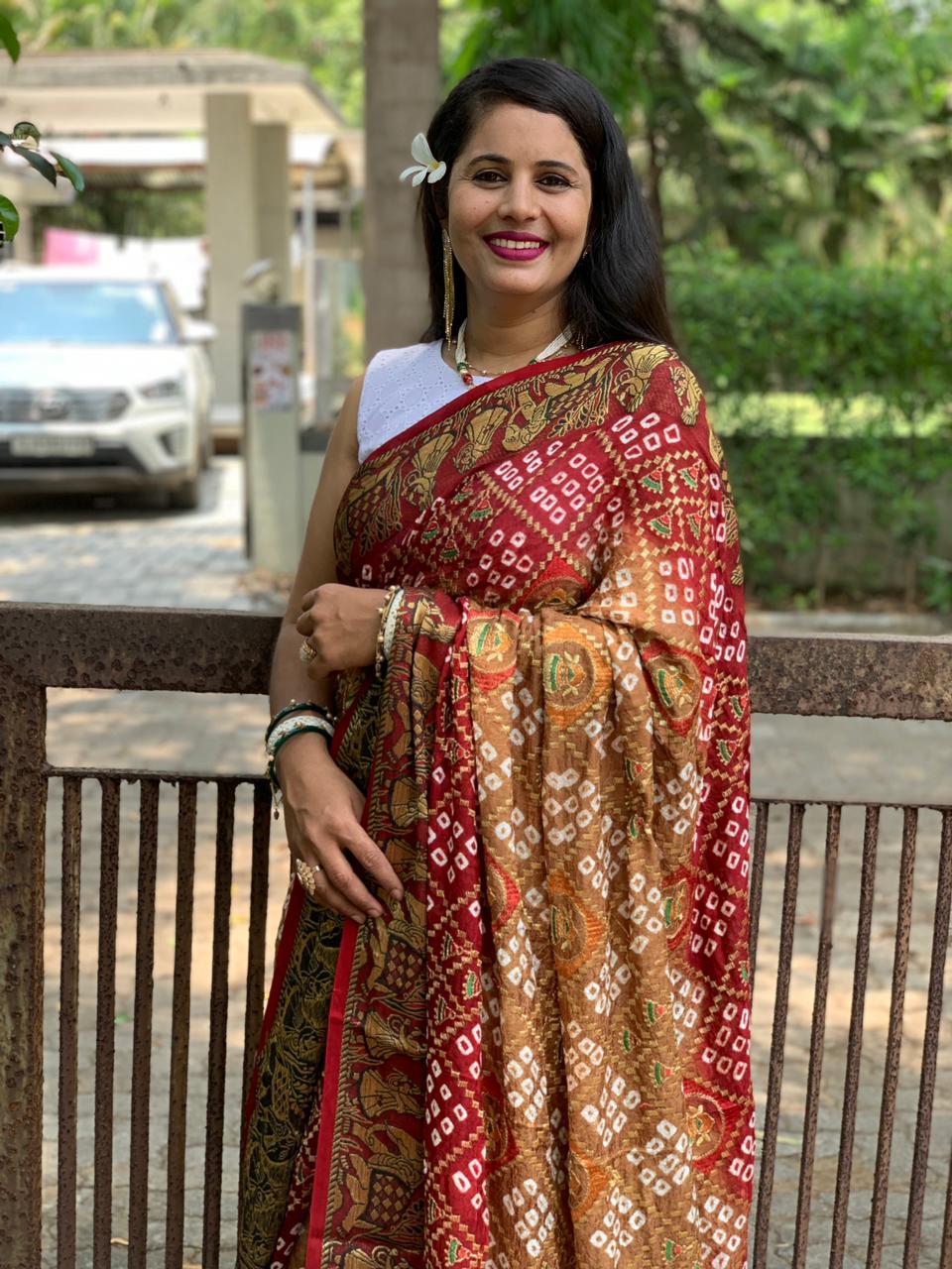 Beautiful Designer Pure Bandhej Panetar Ghantdi Work Saree