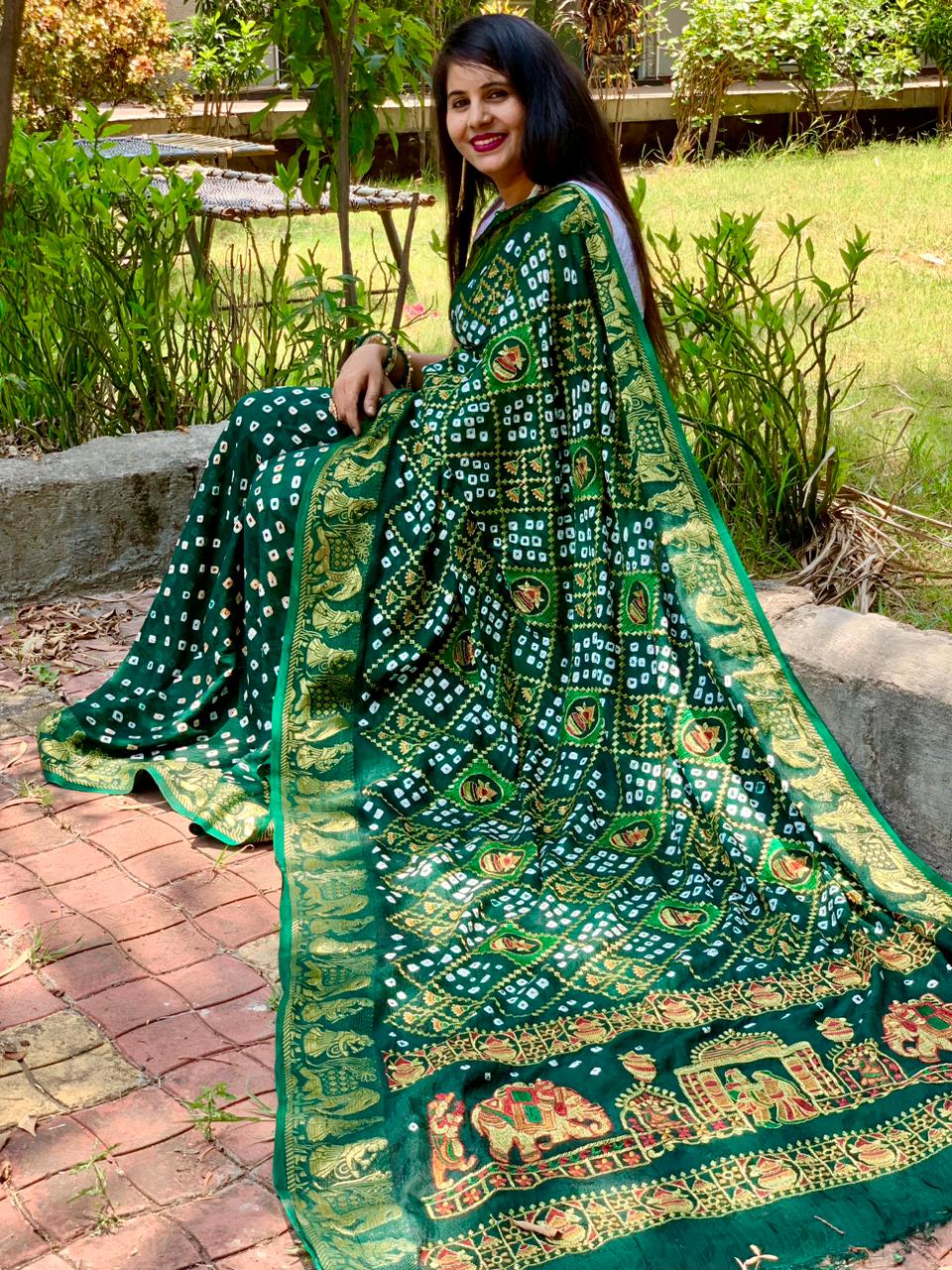 Beautiful Designer Pure Bandhej Panetar Ghantdi Work Saree