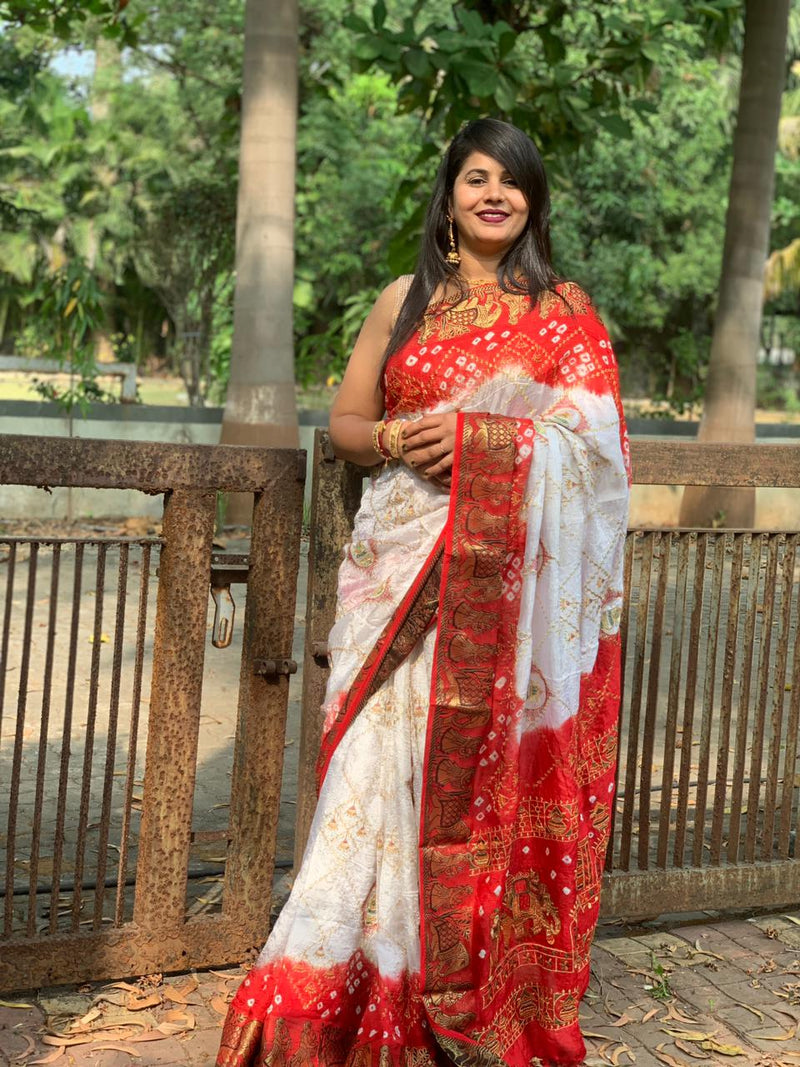 Beautiful Designer Pure Bandhej Panetar Ghantdi Work Saree