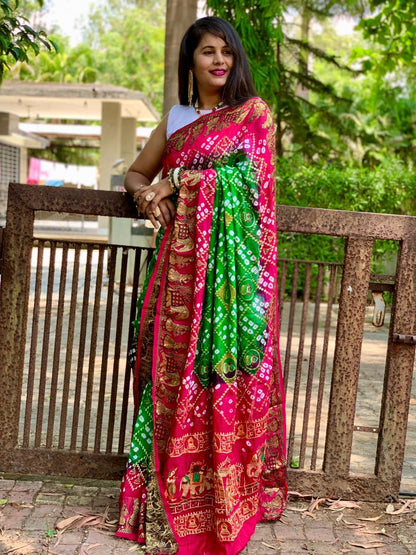 Beautiful Designer Pure Bandhej Panetar Ghantdi Work Saree