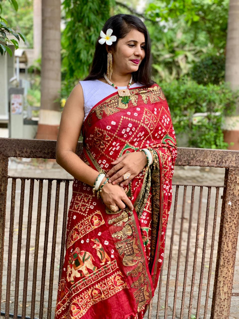 Beautiful Designer Pure Bandhej Panetar Ghantdi Work Saree