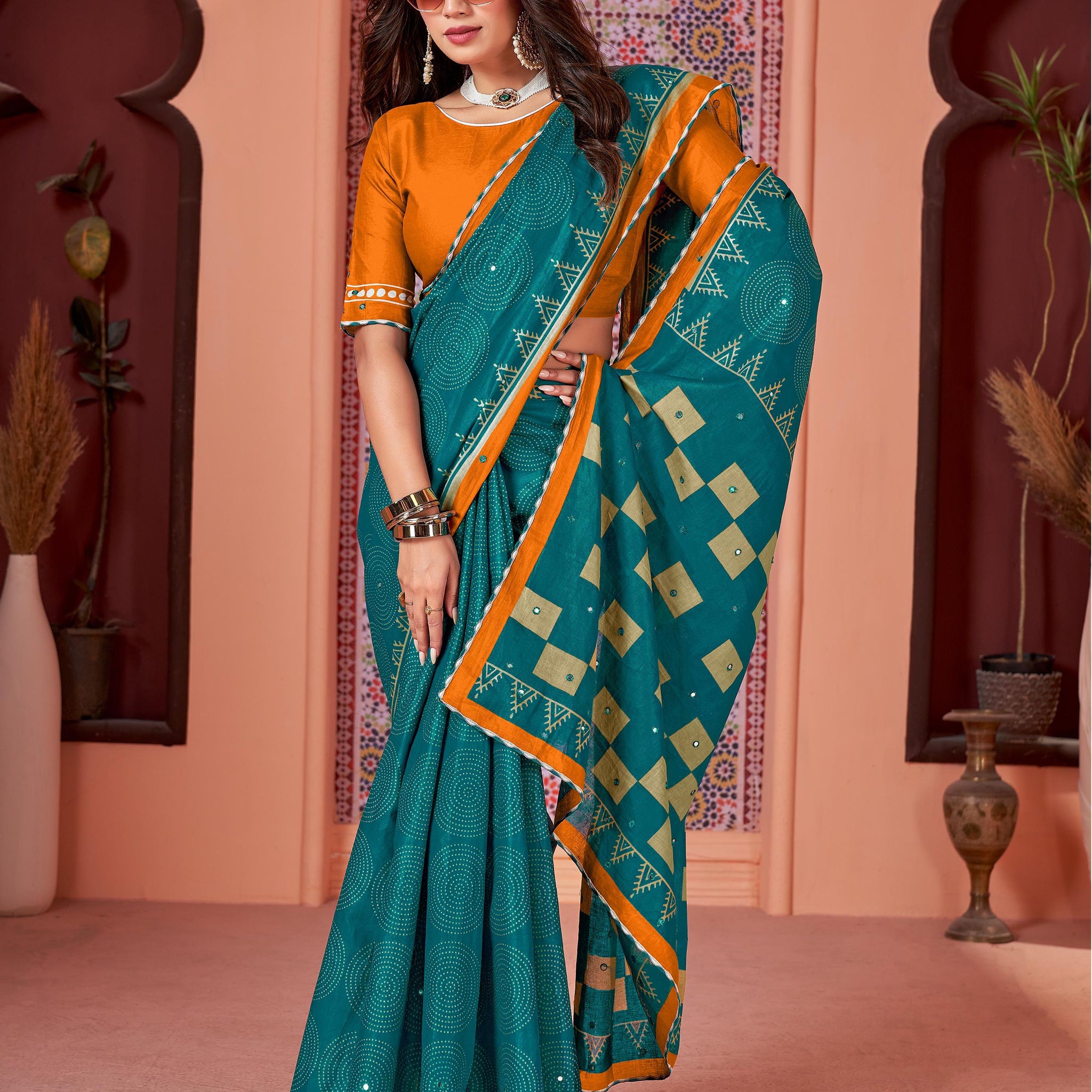 Jaipur Ikkat Cotton Block Print  Mirror Pallu Saree