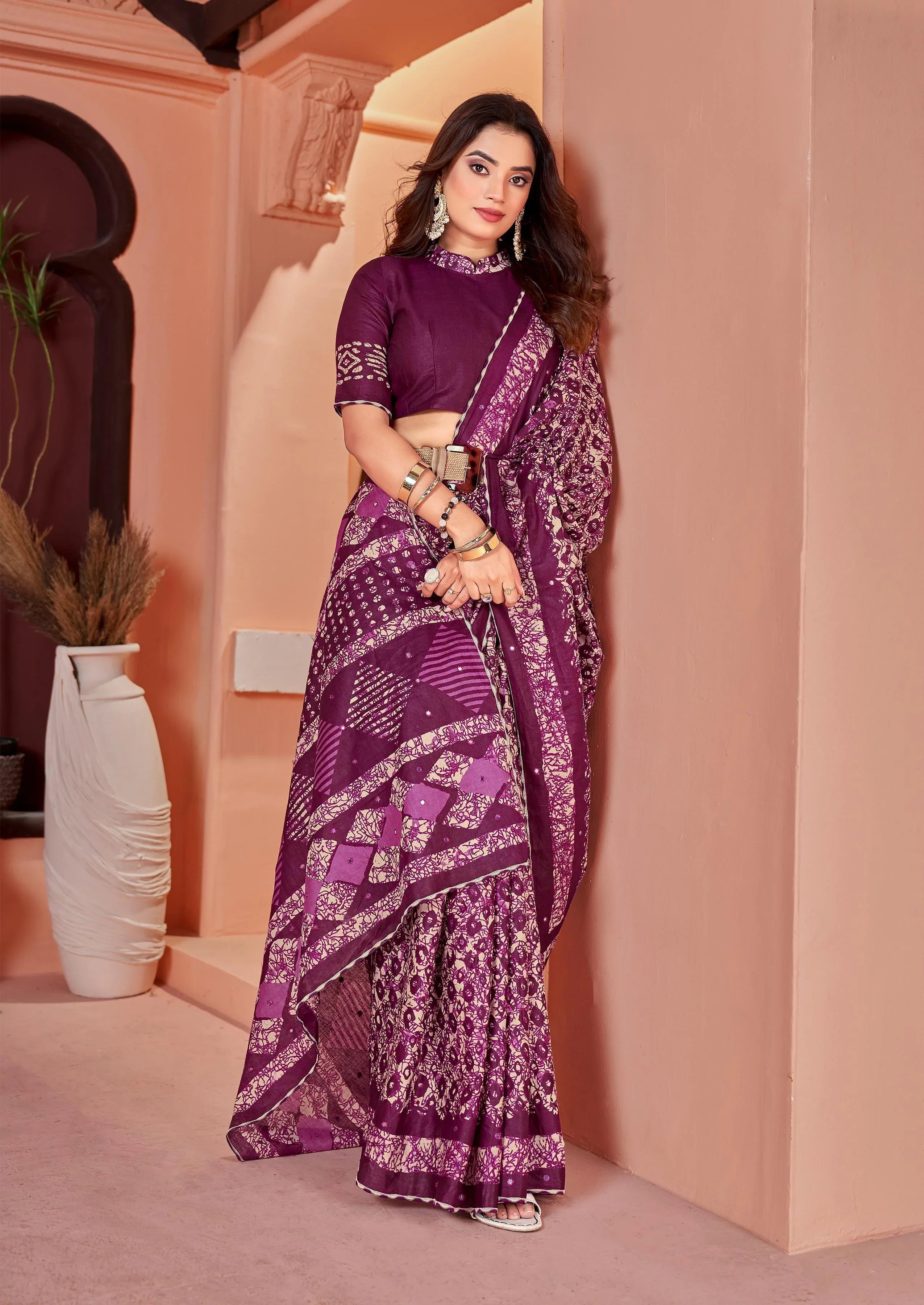 Jaipur Ikkat Cotton Block Print  Mirror Pallu Saree