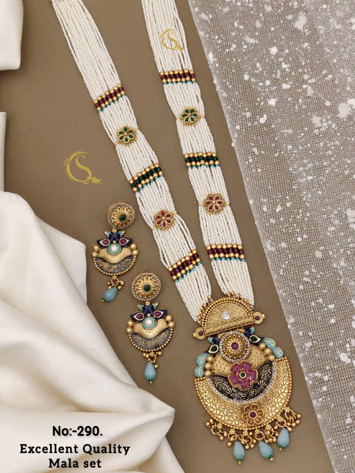 Beautiful Rajwadi Antique Long Necklace with Earrings Jewellery