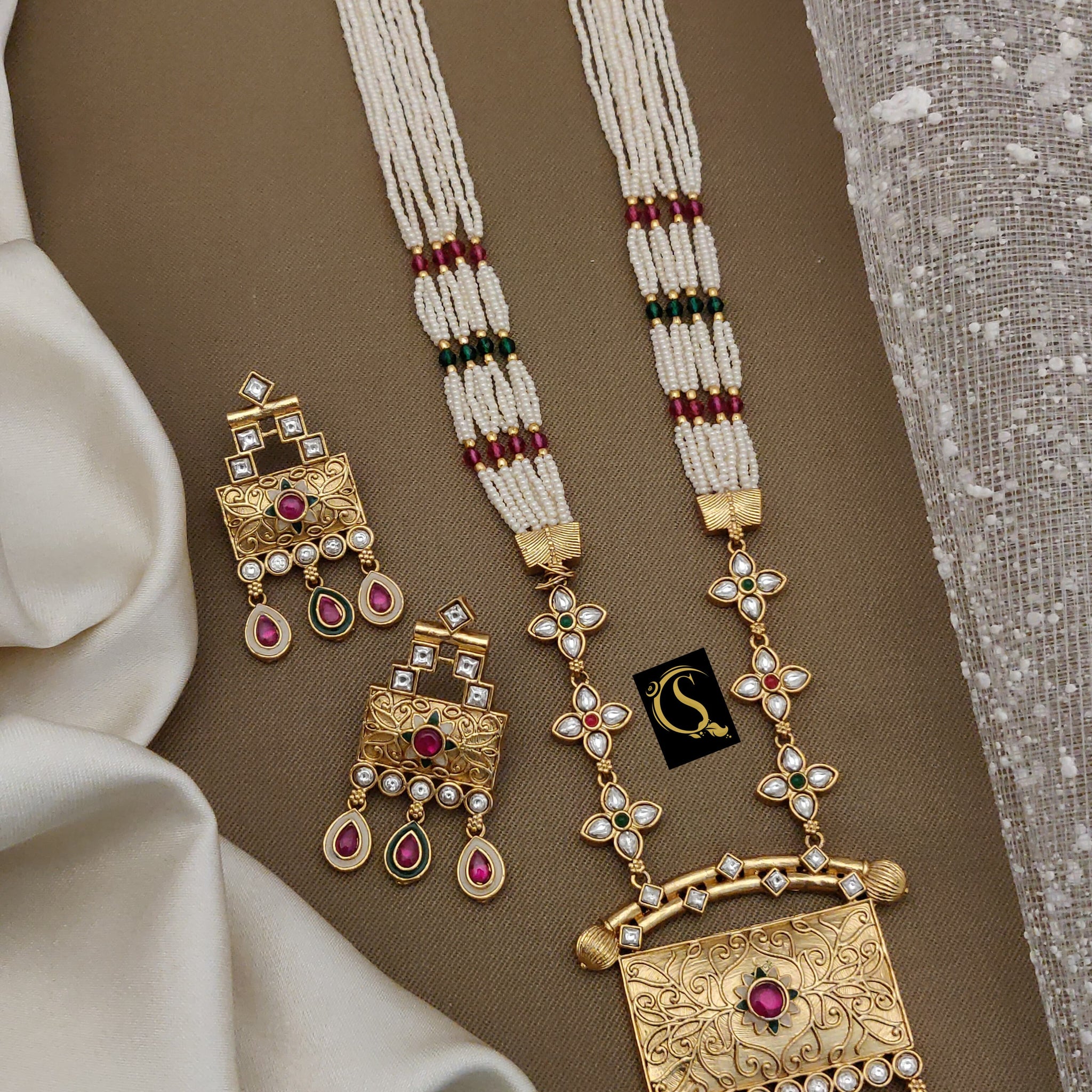 Beautiful Rajwadi Antique Long Necklace with Earrings Jewellery