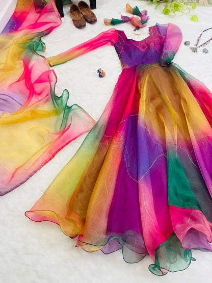 Party Wear Look Organza Silk Gown With Dupatta