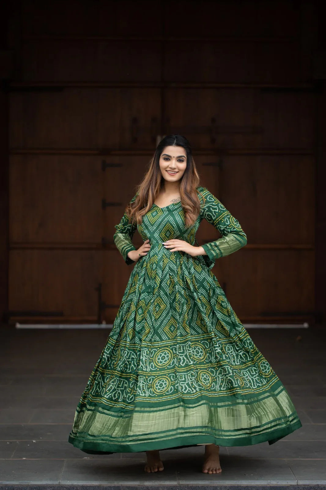 Beautiful Designer Ready To Wear Bandhej Print Gown