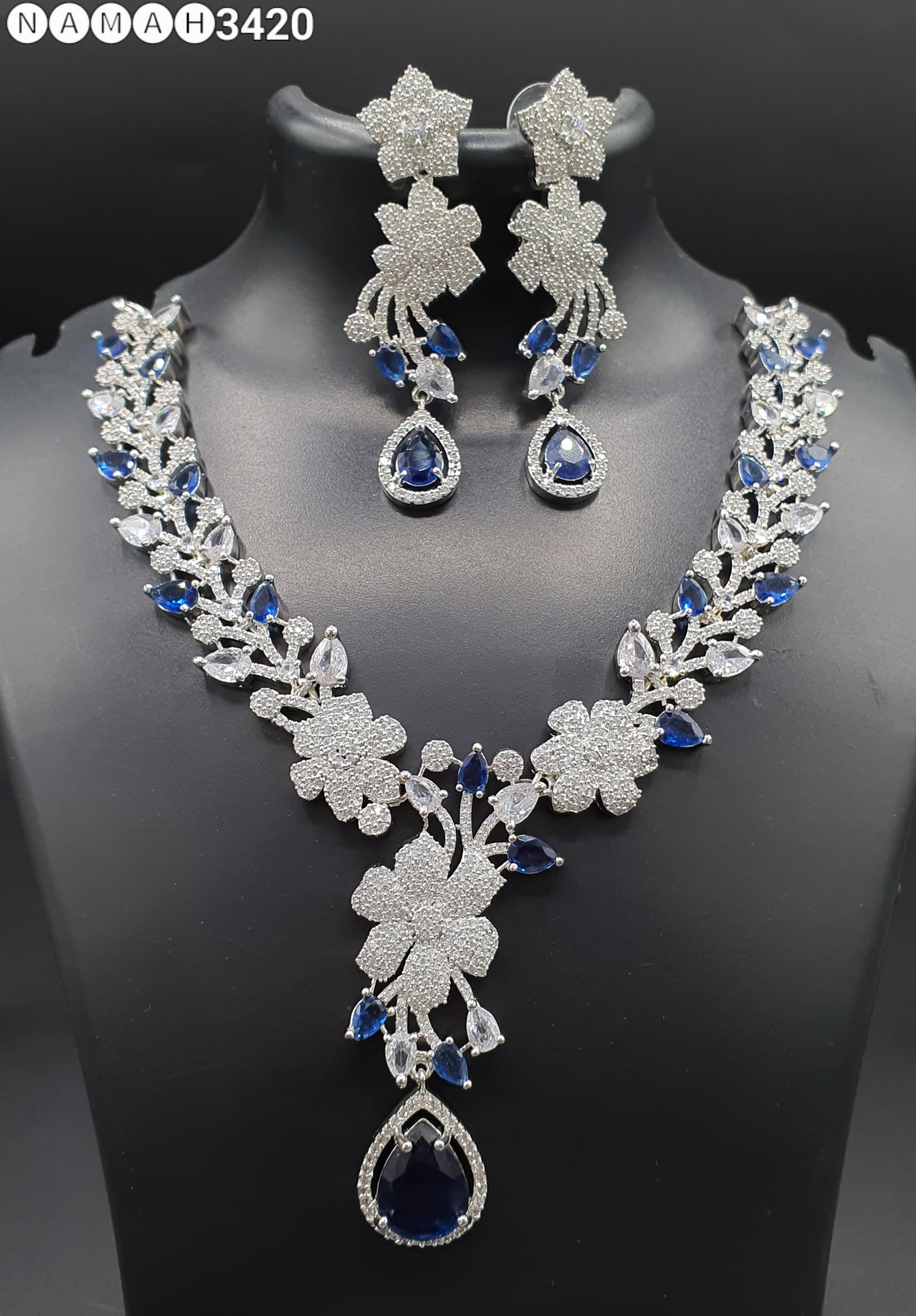 Beautiful American Diamond Antique Stone Necklace with Earrings Jewellery