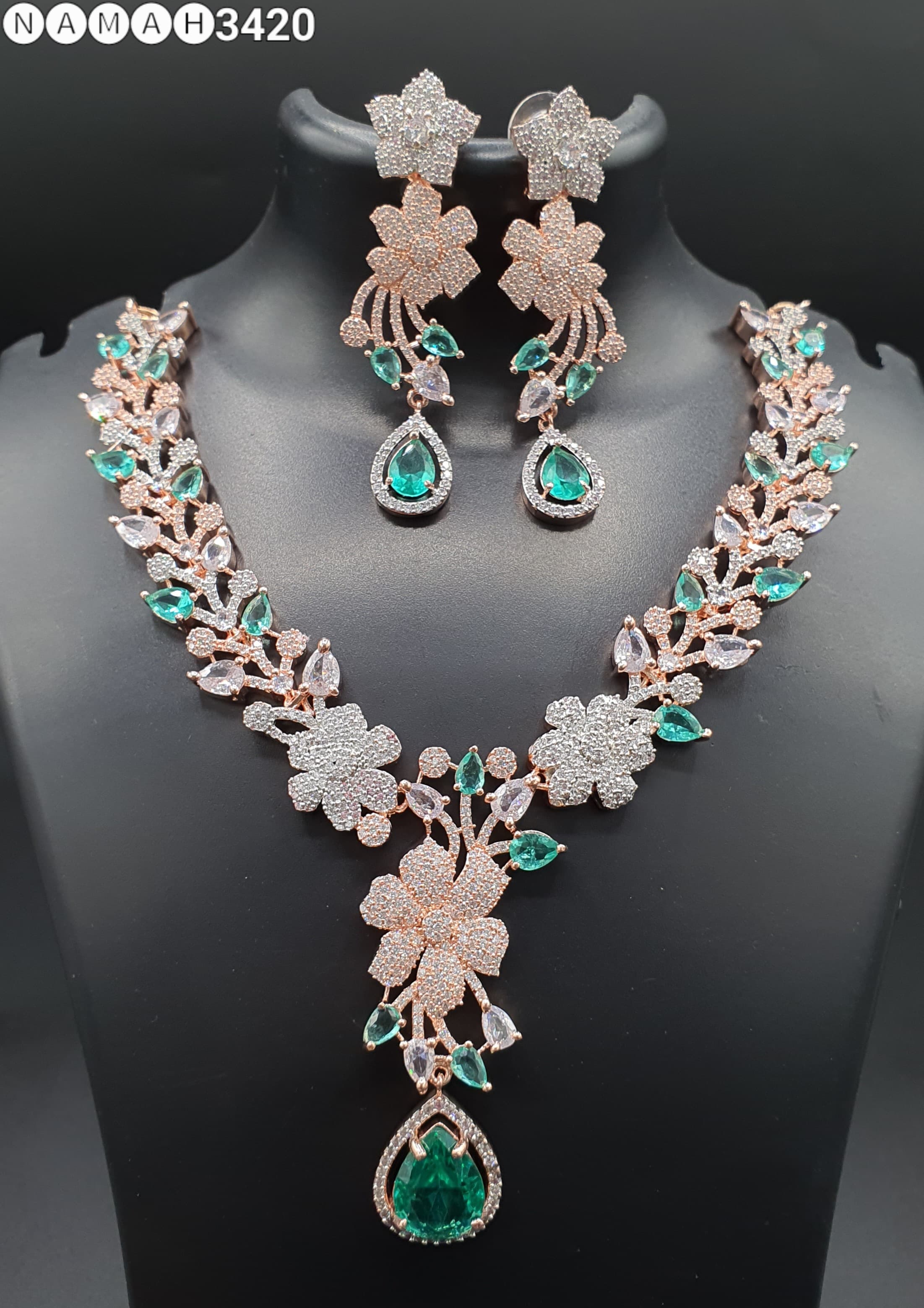 Beautiful American Diamond Antique Stone Necklace with Earrings Jewellery