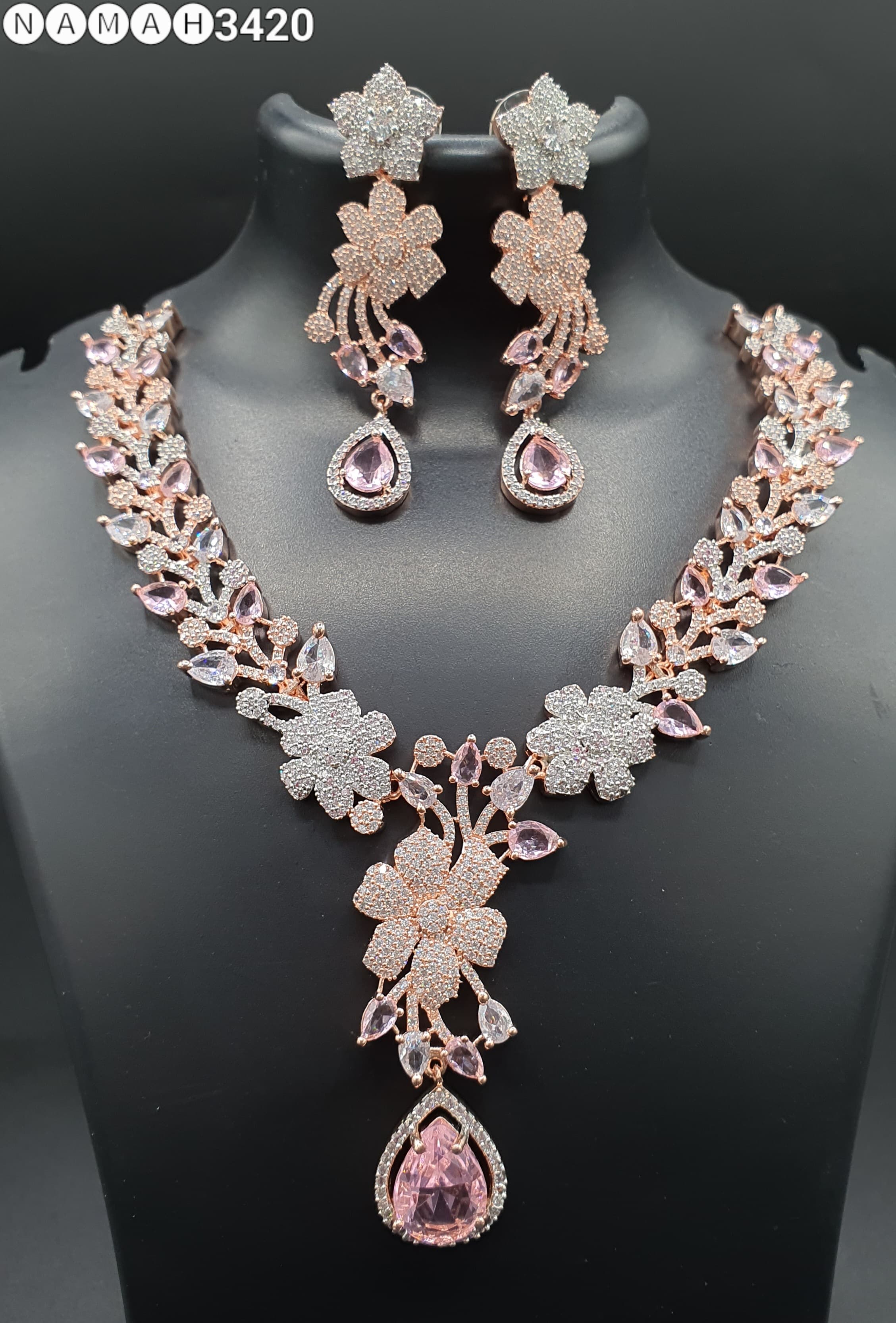 Beautiful American Diamond Antique Stone Necklace with Earrings Jewellery