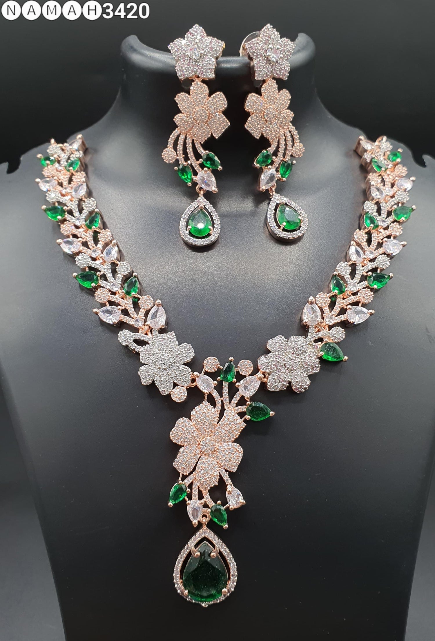 Beautiful American Diamond Antique Stone Necklace with Earrings Jewellery